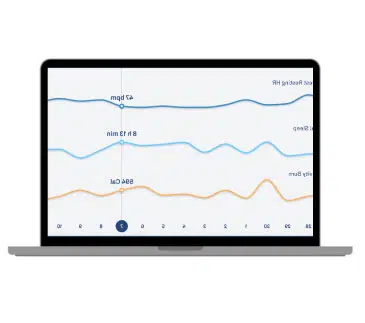 Laptop displaying digital sleep tracking graphs with heart rate, sleep stages, and recovery data for virtual sleep coaching.