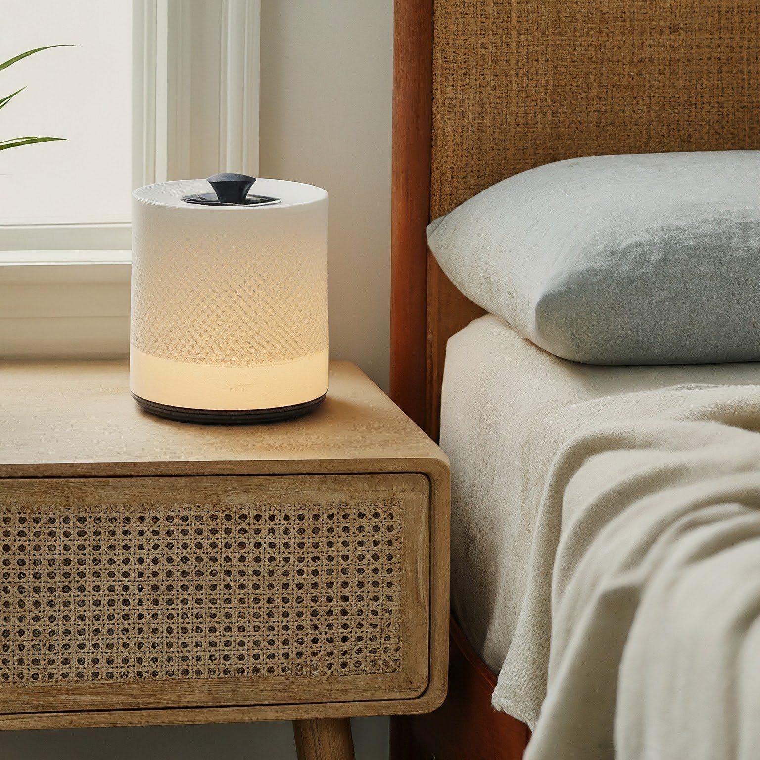 Pink noise machine glowing on a bedside table next to a neatly made bed.