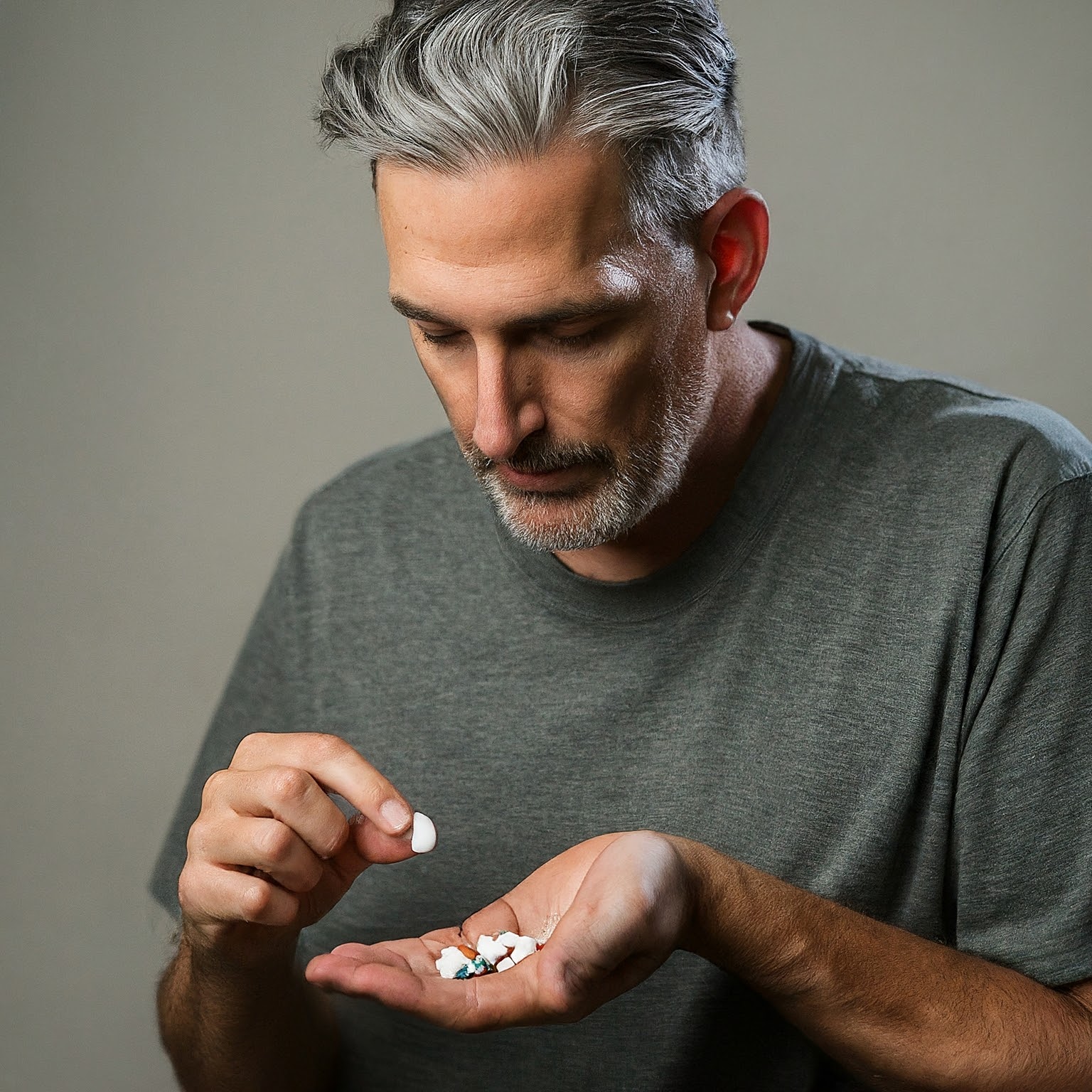 Middle-aged man holding white sleeping pills in his hand, representing sleep medication use and insomnia treatment.