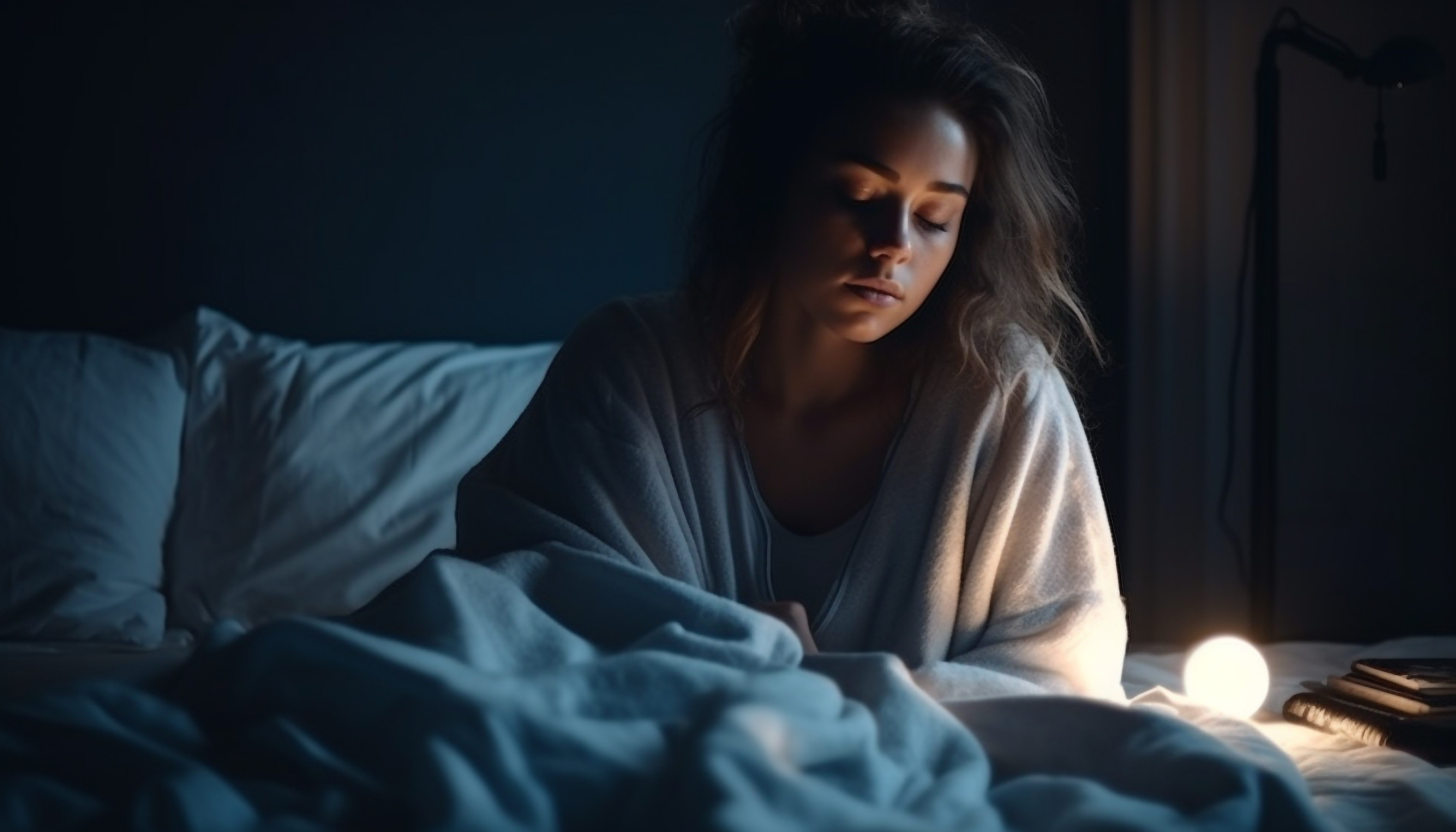 Young woman sitting awake in bed at night, softly lit by a bedside light in a dark bedroom, conveying insomnia, loneliness, or emotional distress.