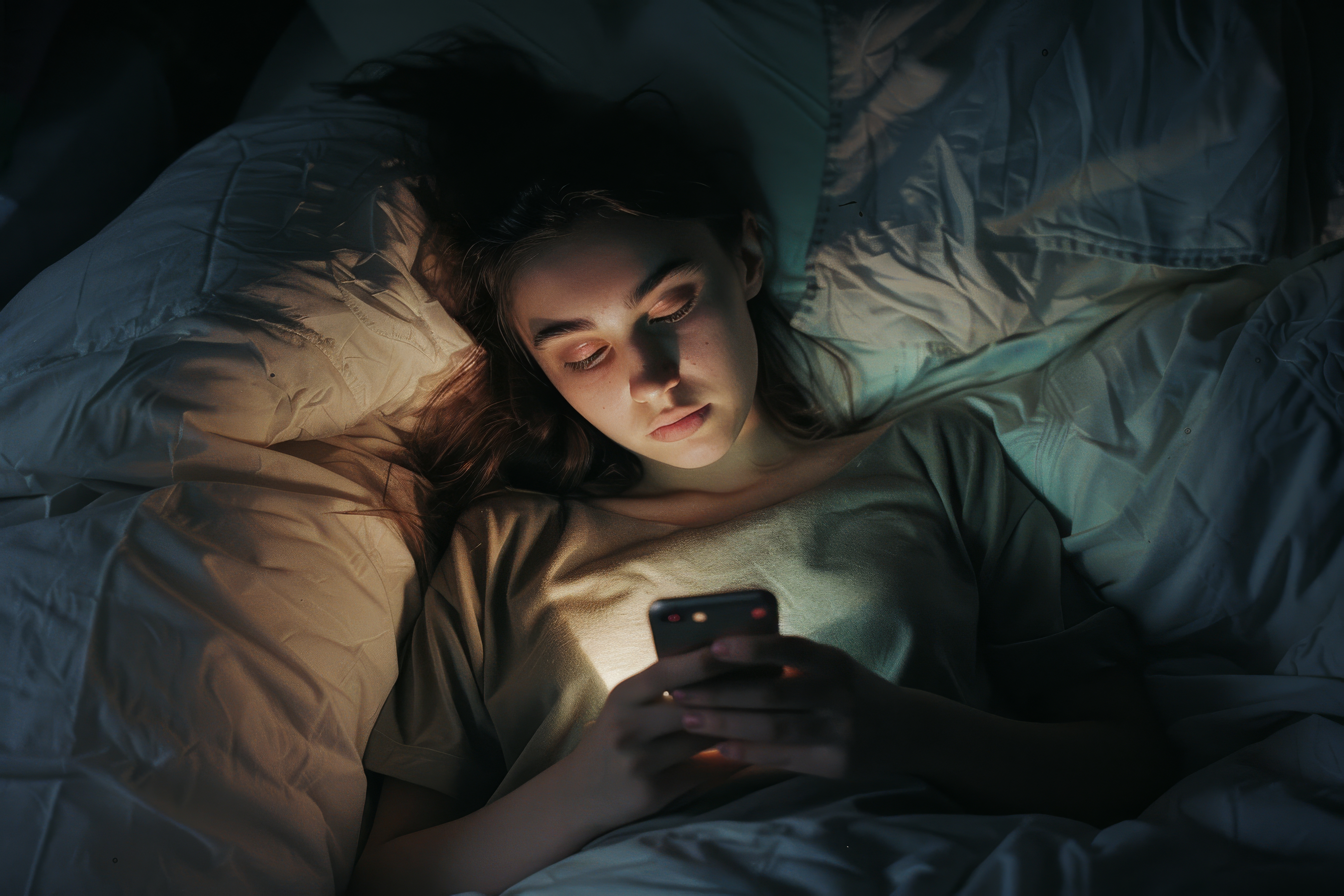 Person lying in bed at night, illuminated by a smartphone screen in a dark bedroom.