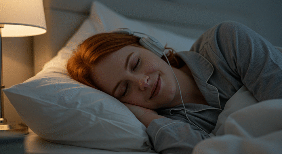 Woman sleeping peacefully in bed while listening to music through headphones beside a softly lit bedside lamp.