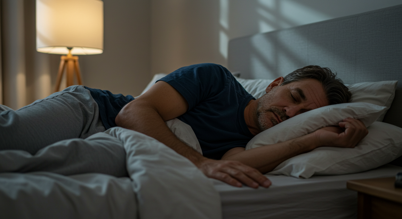 Middle-aged man sleeping on his side in bed with a bedside lamp on, showing a calm nighttime bedroom scene related to rest and sleep health.