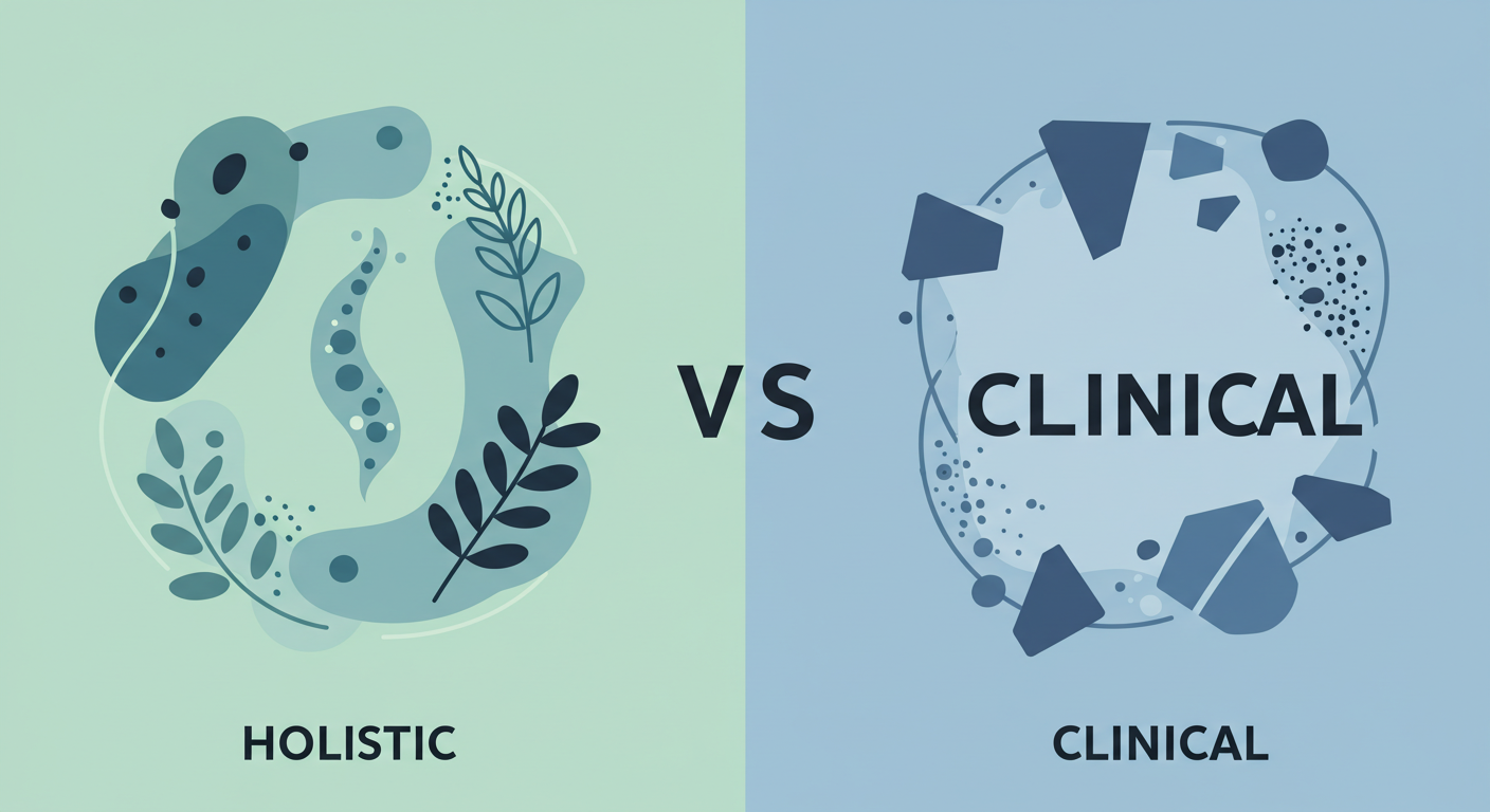 Split graphic comparing holistic and clinical sleep approaches, with natural plant-inspired shapes on one side and structured geometric shapes on the other.