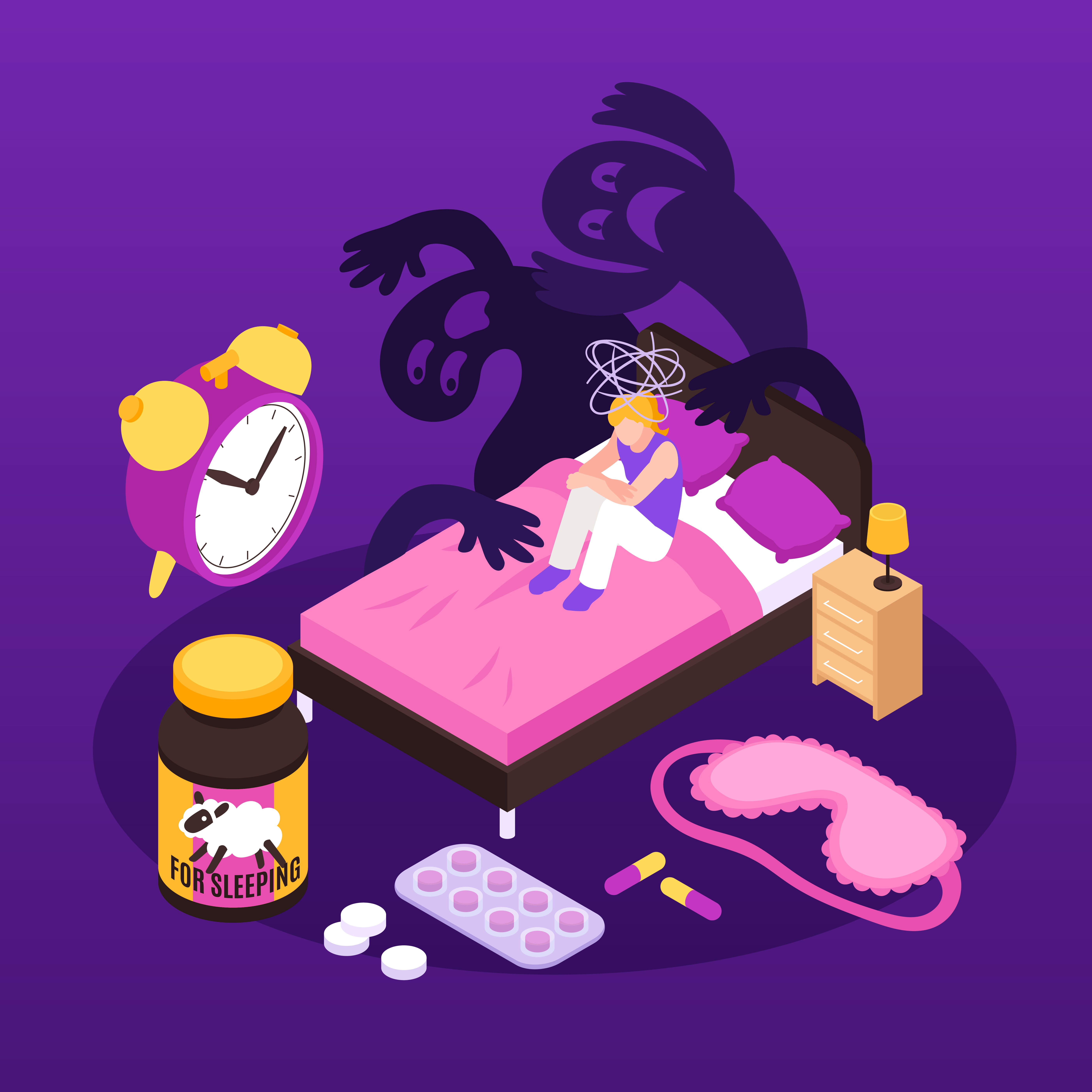 Illustration of a stressed person sitting awake in bed with dark figures, an alarm clock, sleep mask, and sleeping pills representing insomnia and sleep anxiety.