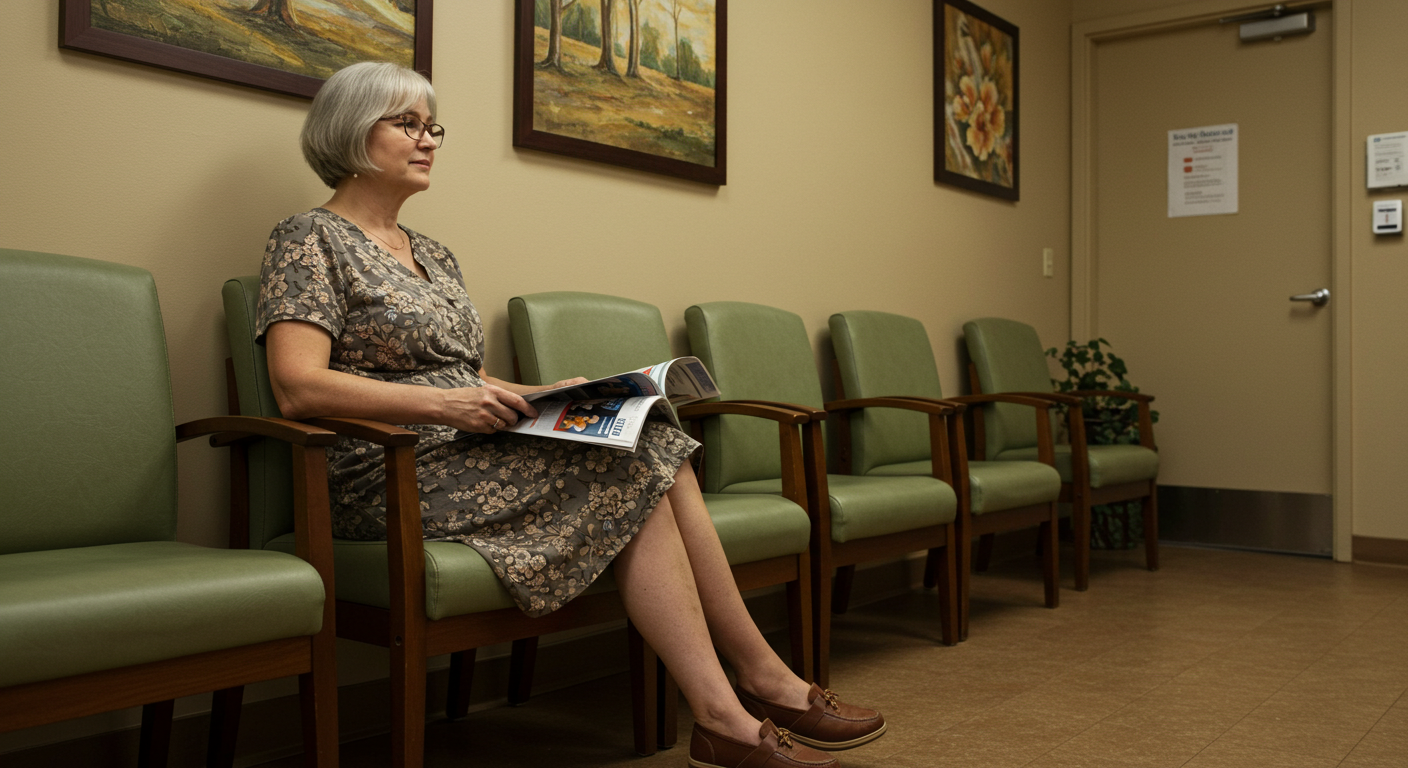 Older woman reading a magazine while waiting in a quiet clinic or medical office waiting room.