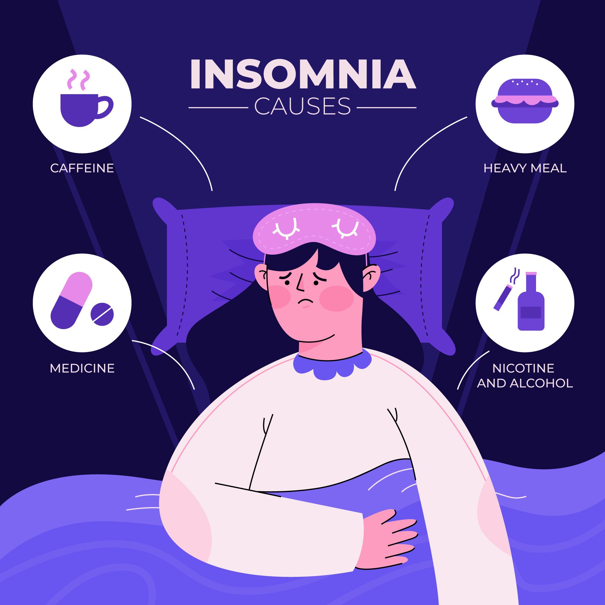 Illustration showing common causes of insomnia, including caffeine, heavy meals, medicine, and nicotine or alcohol, with a sleepless woman lying awake in bed.