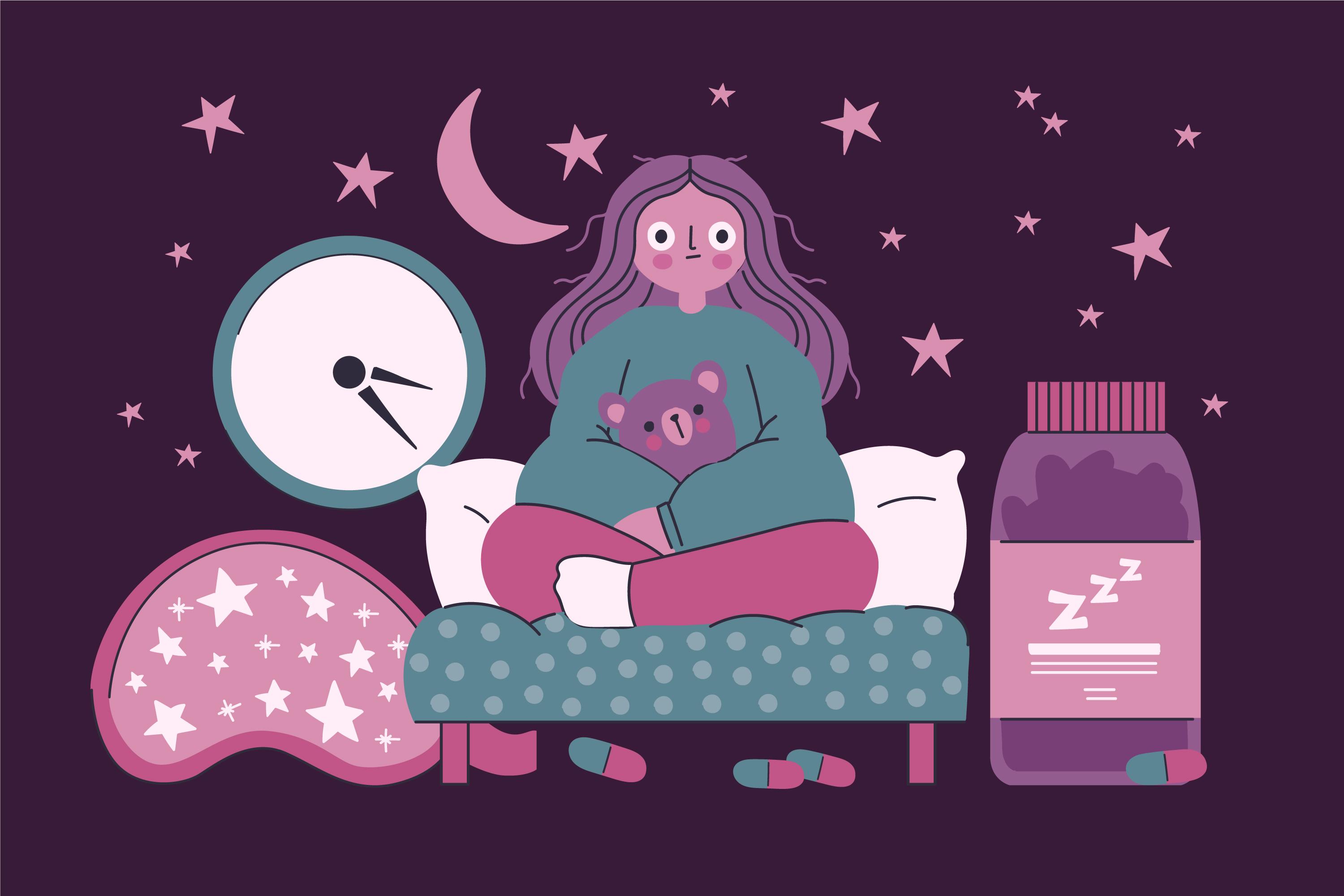 Illustration of a sleepless girl sitting in bed at night holding a teddy bear, surrounded by a clock, sleep mask, pills, and sleep medicine under a starry sky.