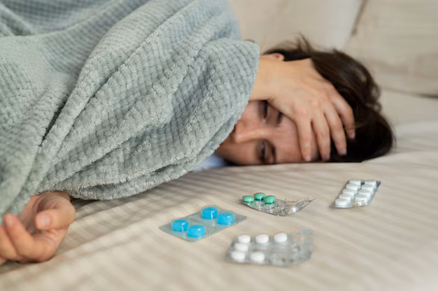 Sick woman lying in bed near sleeping pills and medicine blister packs, resting with her hand on her forehead.