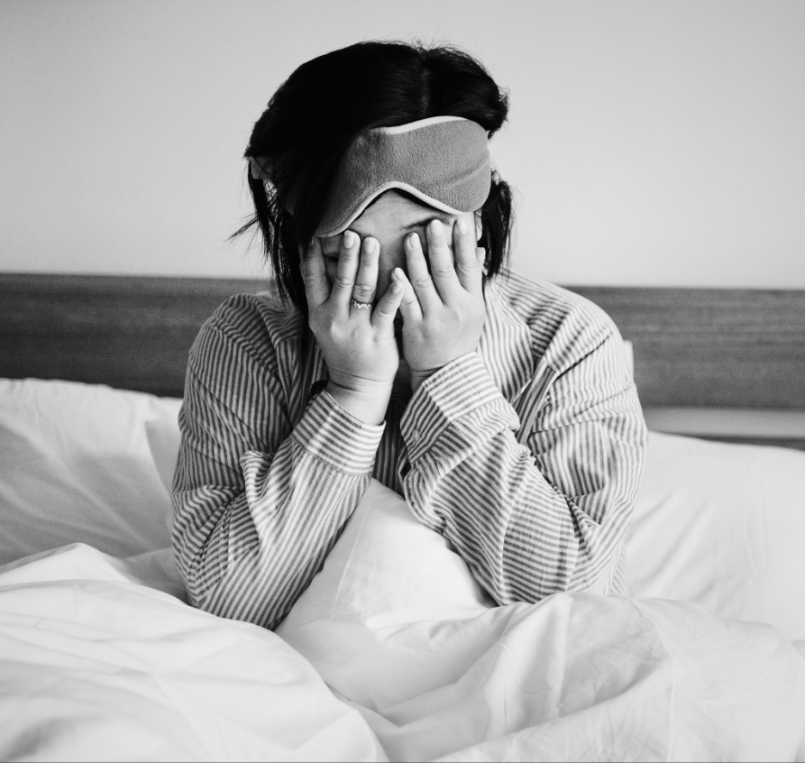 Morning fatigue hits after a night of racing thoughts and restless sleep.