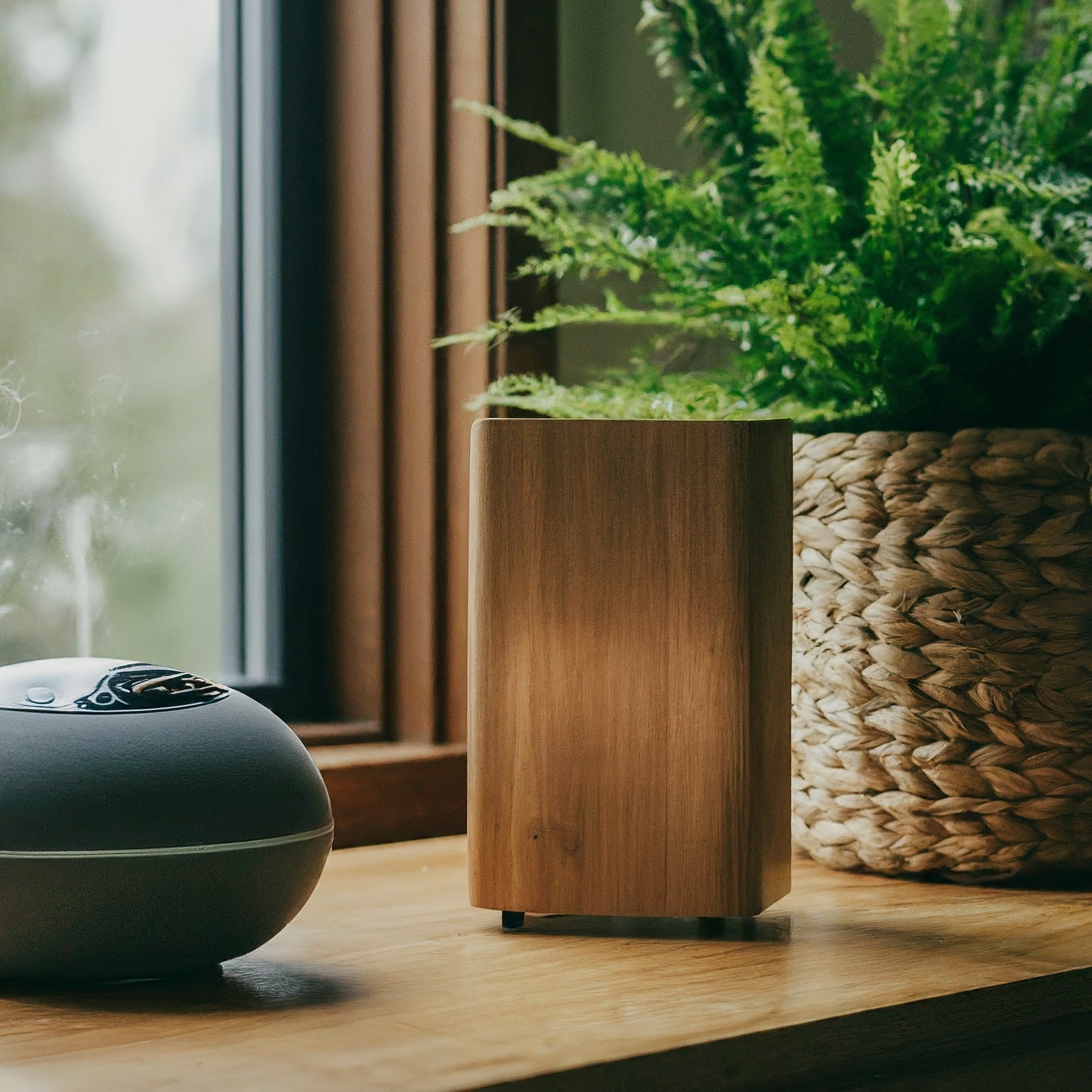 Wooden pink noise sound machine on a windowsill beside a plant and diffuser.