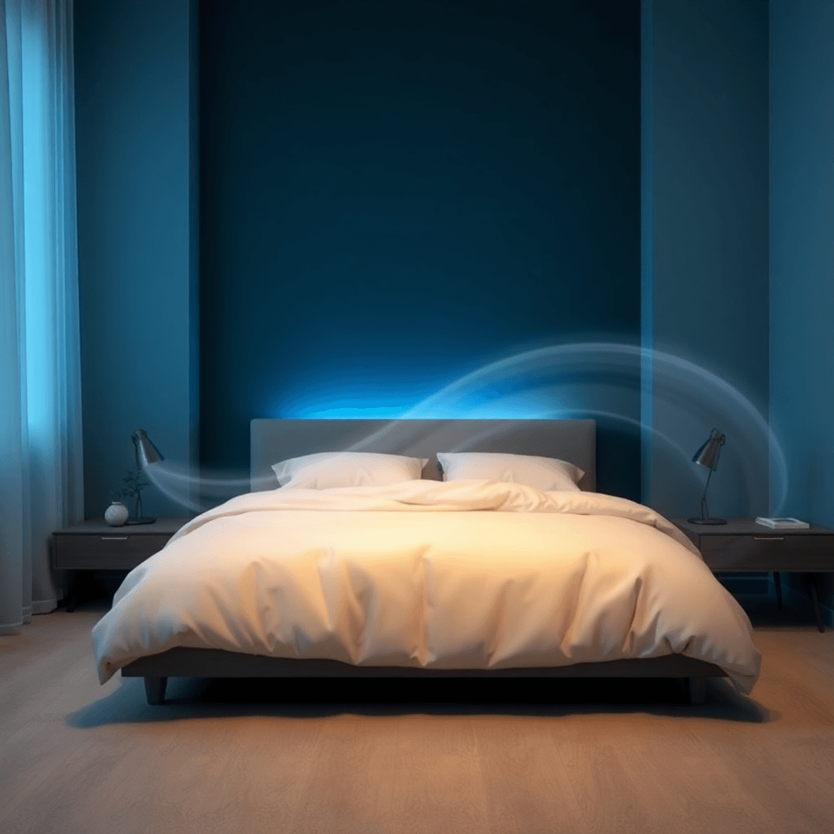 A modern minimalist bedroom at night with soft bedding, cool blue and warm amber lighting, and abstract flowing shapes symbolizing restful sleep.