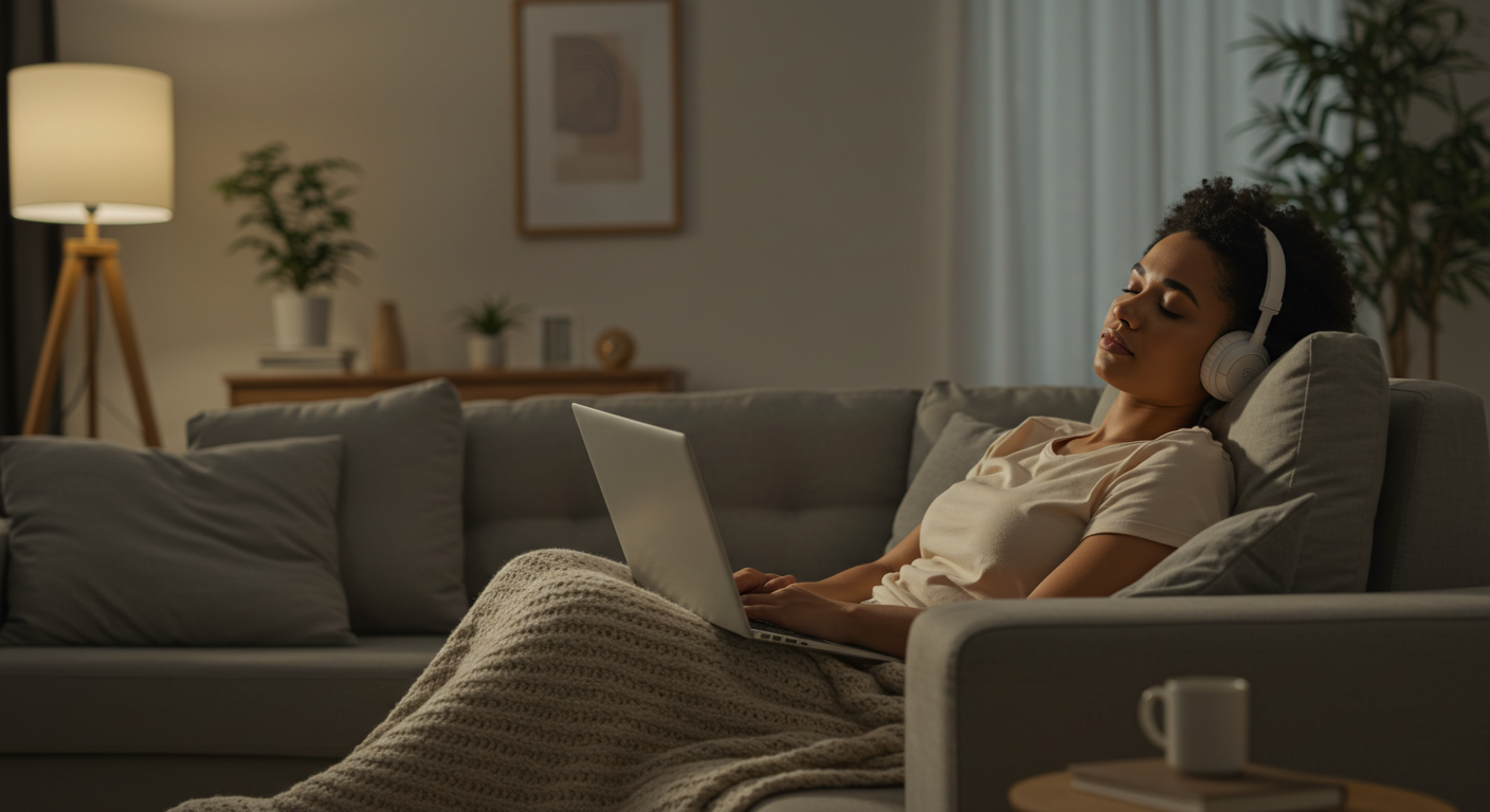 Woman relaxing on a couch with headphones and a laptop in a softly lit living room.
