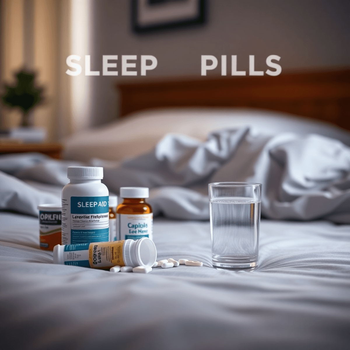 Sleep pill bottles, loose tablets, and a glass of water on an unmade bed, with “Sleep Pills” text over a blurred bedroom background.