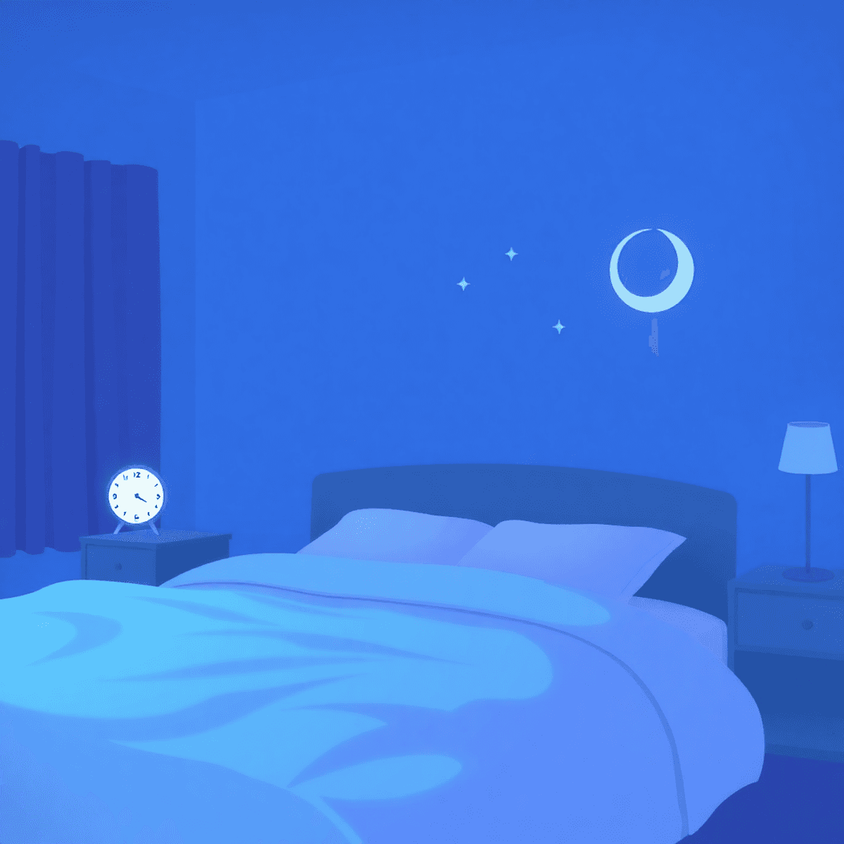Cozy bedroom at night with blue and purple tones, soft lighting, and abstract clock and moon symbols conveying calmness and sleep onset.