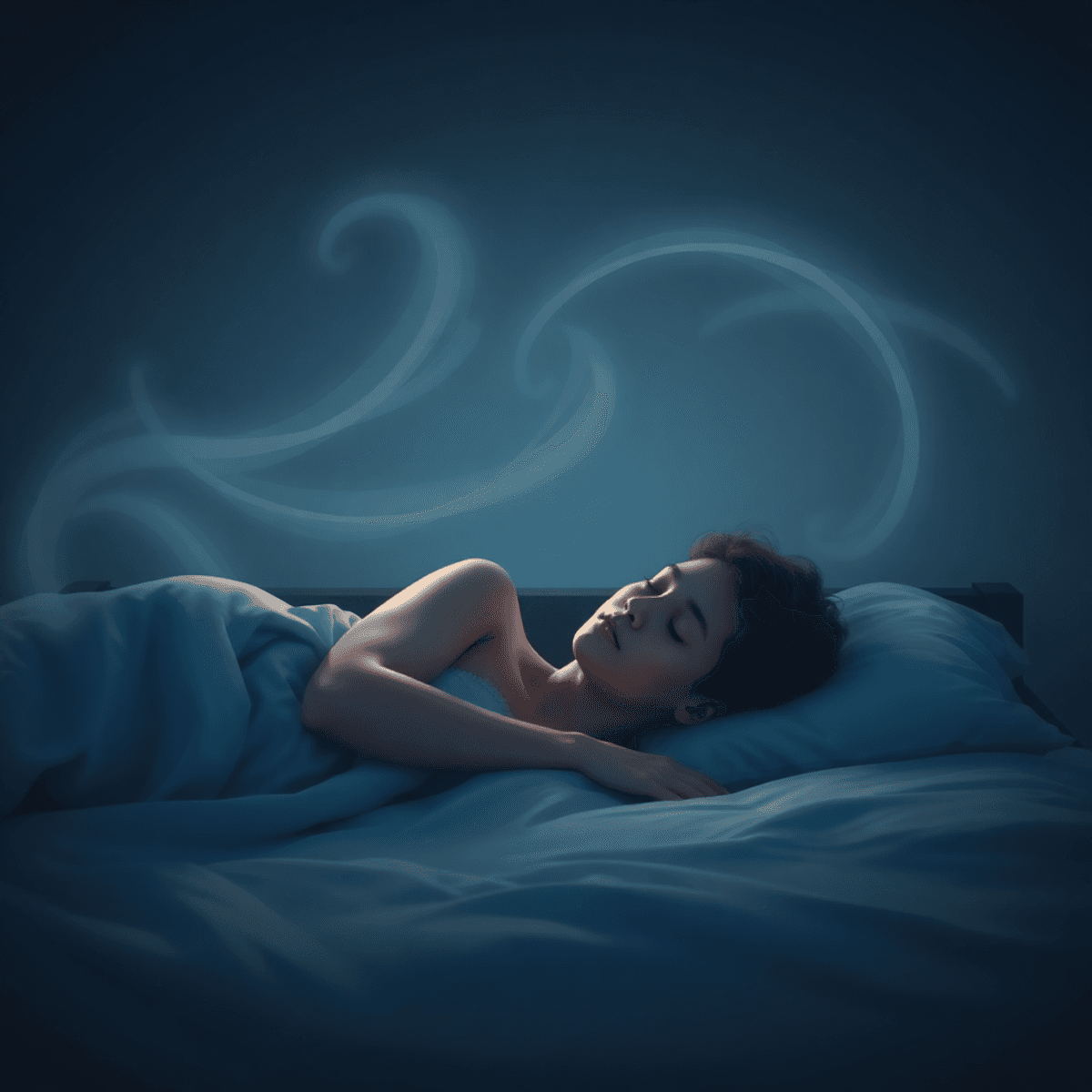 A person peacefully sleeping in a softly lit bedroom surrounded by gentle abstract swirls symbolizing calming thoughts fading away.