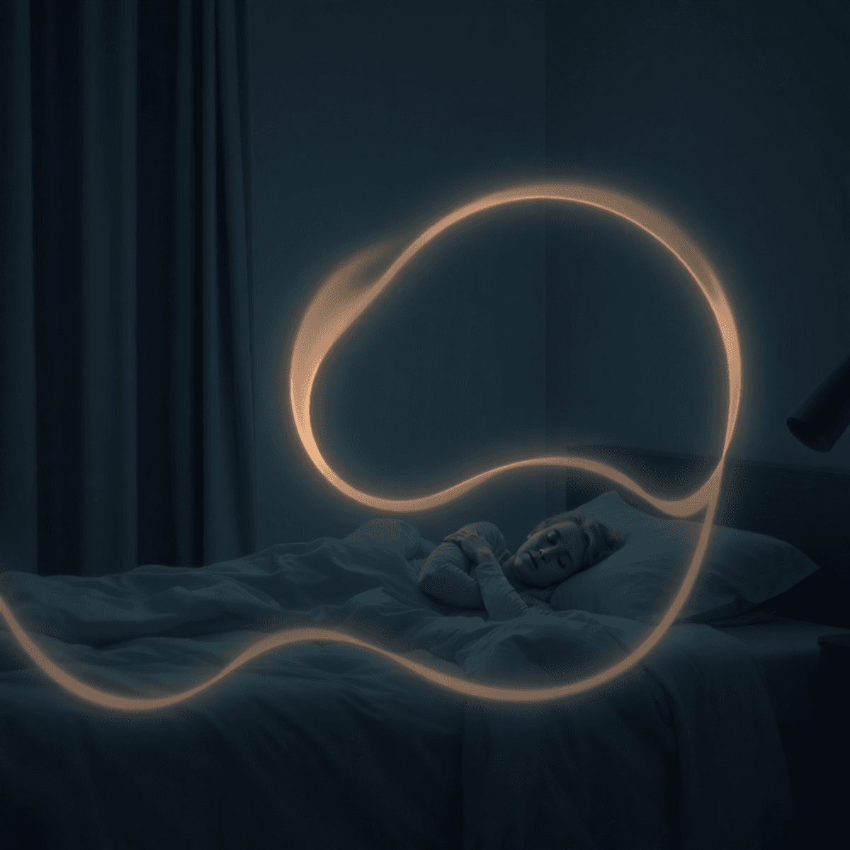 A serene bedroom at night with soft lighting, glowing waves symbolizing hormonal balance, and a peaceful person resting calmly in bed.