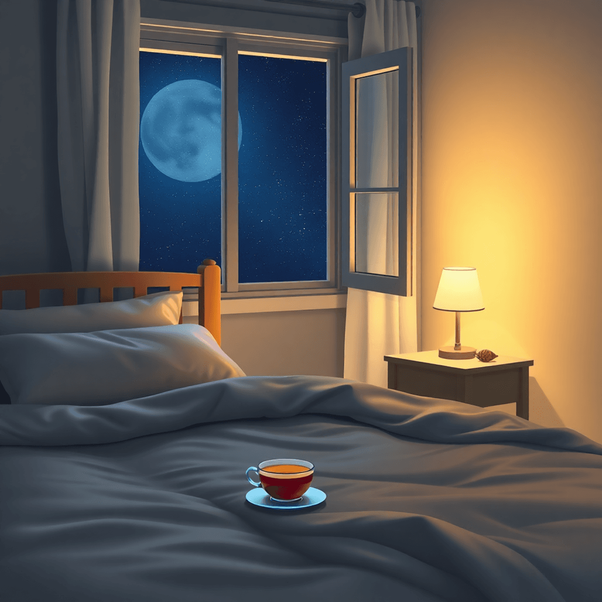 Cozy bedroom at night with warm lighting, a comfortable bed, bedside table with herbal tea and glowing lamp, and an open window revealing a starry sky.