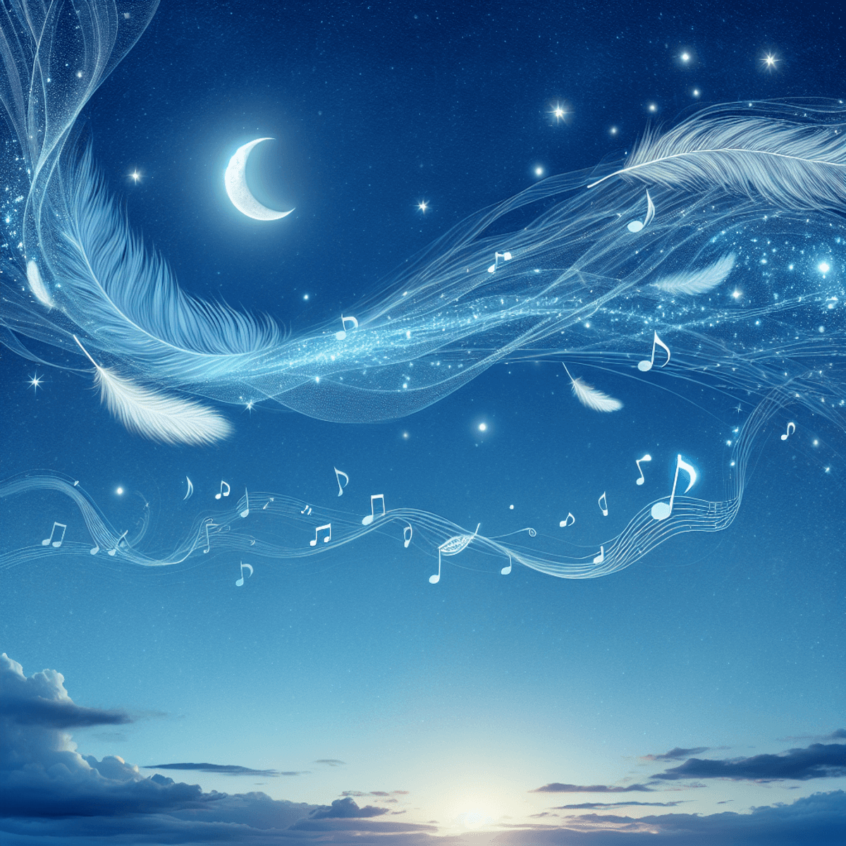 Dreamlike night sky with glowing feathers, musical notes, stars, and a crescent moon above a cloudy horizon