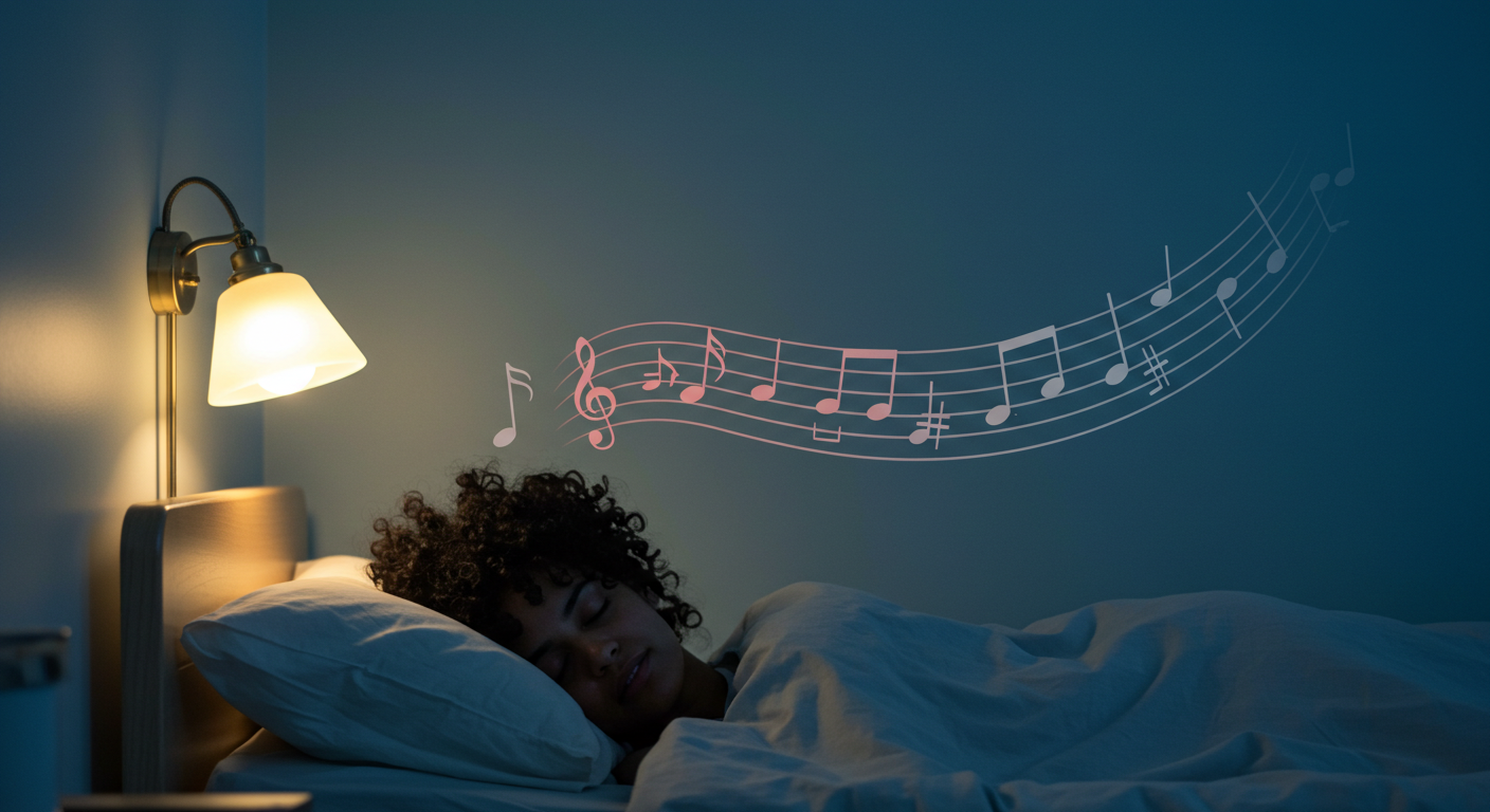 Person sleeping peacefully in bed with soft music notes above them and a warm bedside lamp glowing nearby.
