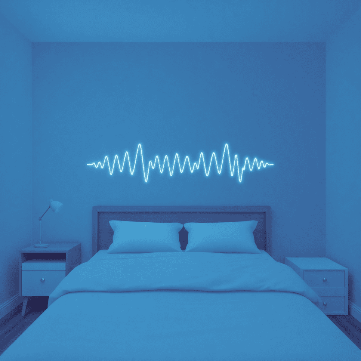 Blue-toned bedroom with a glowing sound wave above the bed, representing sleep sounds, sleep tracking, white noise, or sleep technology.