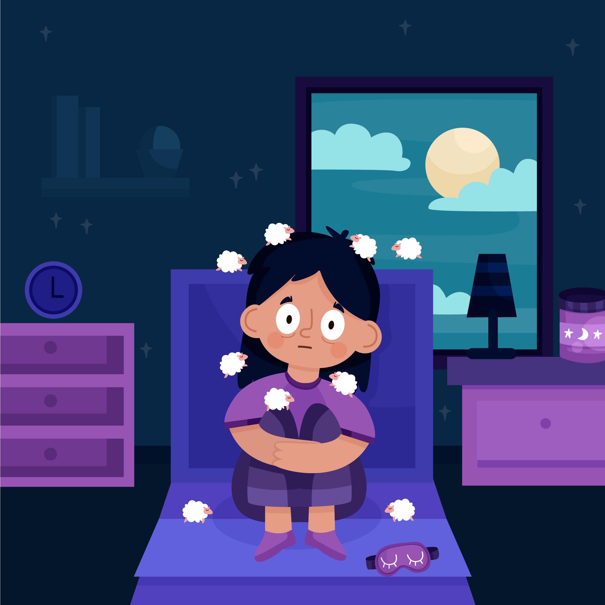 Child sitting awake in bed at night, looking anxious while counting sheep and struggling to fall asleep.