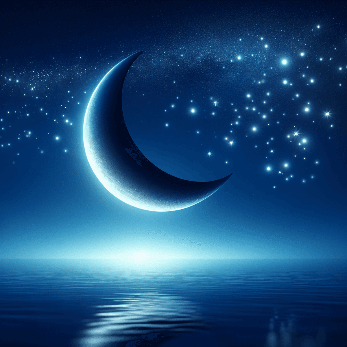 Crescent moon over calm water beneath a starry night sky.