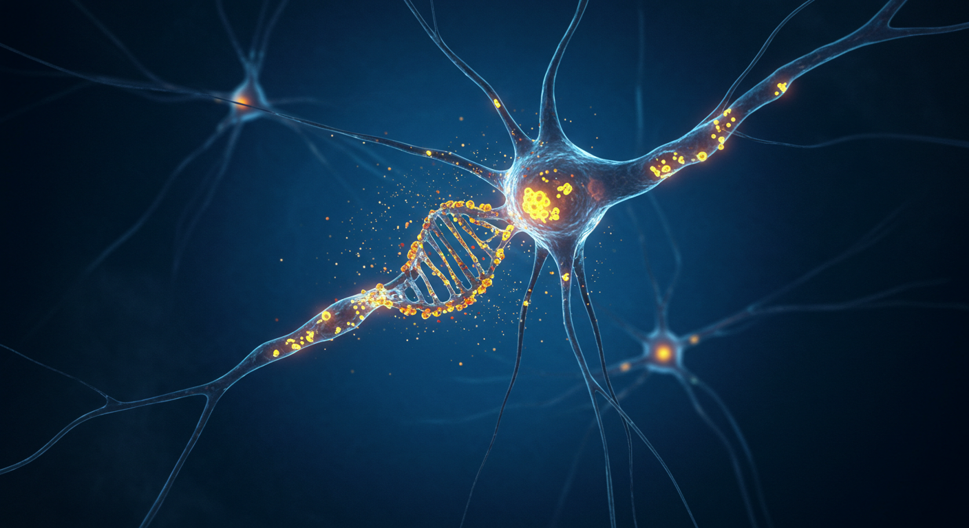 Digital illustration of neurons with a glowing DNA strand, representing the genetic factors that may influence insomnia and sleep health.