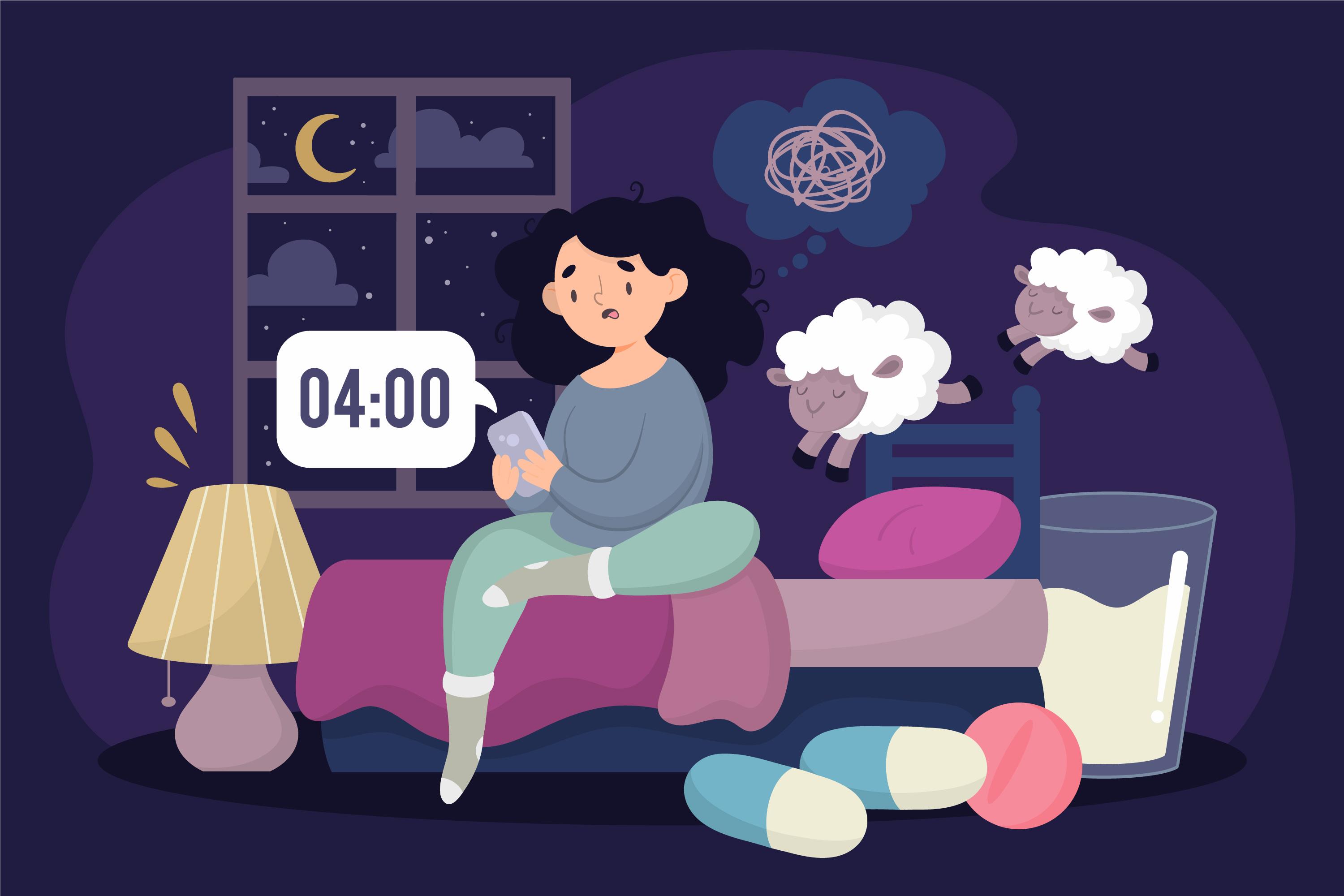 Illustration of a person awake at 4:00 a.m. with a phone, sleep aids, and sheep, representing insomnia and nighttime anxiety